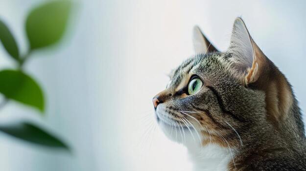 Close-up of a tabby cat looking out a window, illuminated by gentle light, with green eyes focused on something outside photo