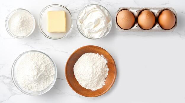Various raw ingredients like flour, butter, and eggs are neatly arranged, ready for making fresh scones in a bright kitchen photo
