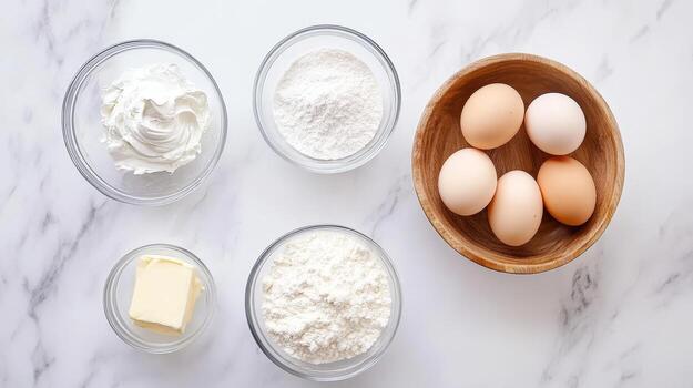 Raw ingredients for making scones arranged neatly in bowls include flour, eggs, cream, and butter, ready for baking on a marble surface photo