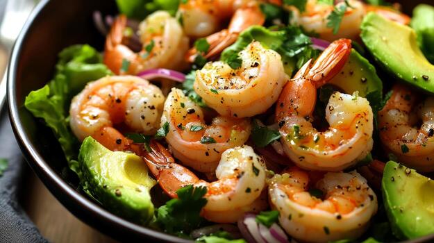 This dish features plump shrimp mixed with creamy avocado, fresh greens, and spices, making it a nutritious choice for any meal photo
