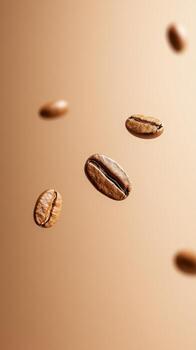 Dark roasted coffee beans hover gracefully against a soft, warm background, showcasing their rich texture and color photo