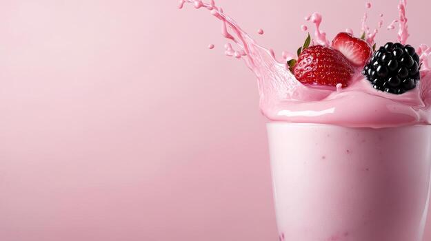 A vibrant splash of pink strawberry milk creates dynamic patterns while fresh berries add color and texture in a cheerful atmosphere photo