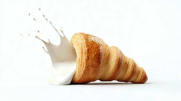 A croissant made of bread is combined with a splash of milk, creating an eye-catching composition in a minimalist setting photo