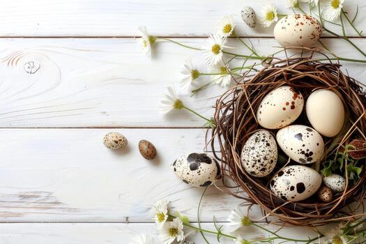 Brightly colored Easter and quail eggs are carefully arranged in a nest, surrounded by fresh spring flowers, creating a charming seasonal display photo