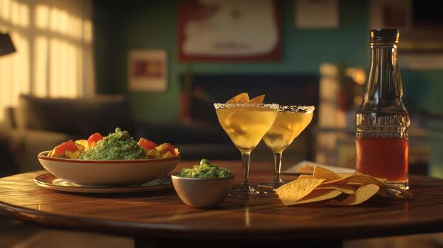 Two refreshing margaritas and a bowl of tortilla chips with guacamole are set on a wooden table in a warm, inviting space photo