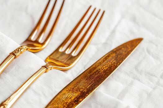 Beautiful gold flatware set featuring forks and a knife displayed against a clean white background, ideal for special occasions photo