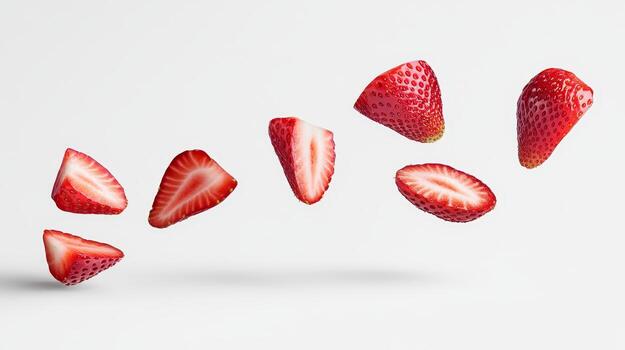 Multiple fresh strawberry slices are suspended in mid-air, showcasing their juicy, red color and inviting textures against a clean background photo
