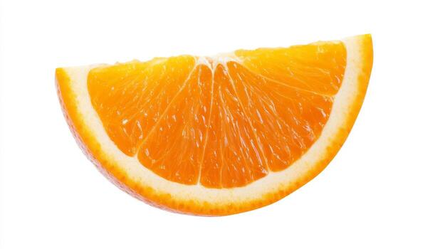Bright orange wedge showcases juicy pulp and a slightly textured rind, perfect for a refreshing snack or garnish photo