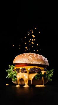 Cheeseburger oozing with melted cheese while resting on a dark surface, showcasing fresh ingredients and sesame seed bun details photo