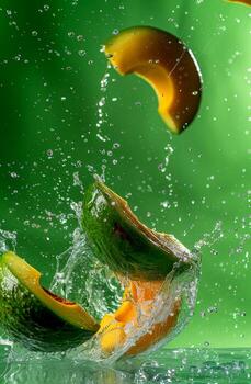 Fresh avocado and mango slices burst through water droplets, creating a lively display amidst a vivid green background photo
