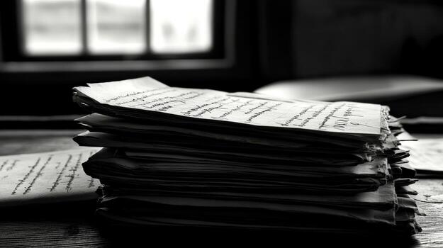 A stack of tax forms rests on a wooden table, illuminated by gentle light streaming through a nearby window, highlighting the paperwork's details photo