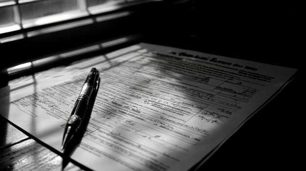 A tax form lies on a wooden table, accompanied by a pen, while shadows and light create a contrast, adding a touch of depth photo