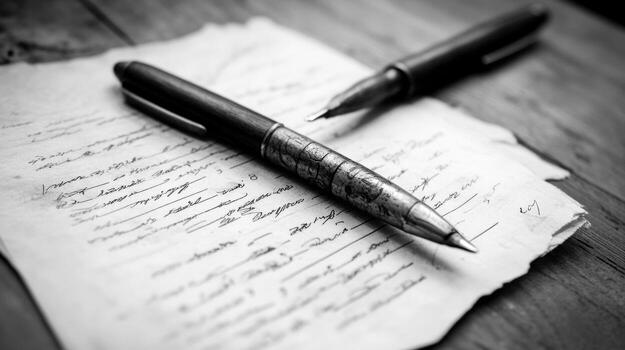 Close-up of tax form details written elegantly on aged paper with two classic pens placed thoughtfully, creating a formal feel photo