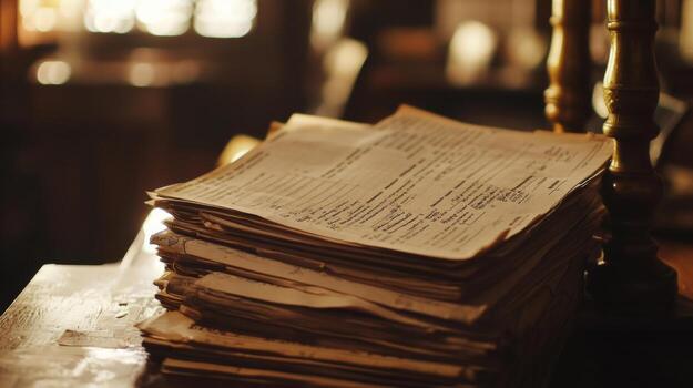 A collection of tax forms lays neatly piled on a wooden table, illuminated by soft warm light, reflecting a sense of organization in a quiet setting photo