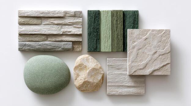 Collection of textured stone samples in different shades and patterns, ideal for modern interior design projects photo