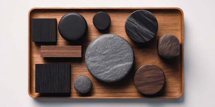 A selection of minimalist design samples is neatly arranged on a wooden tray, highlighting various shapes and textures photo