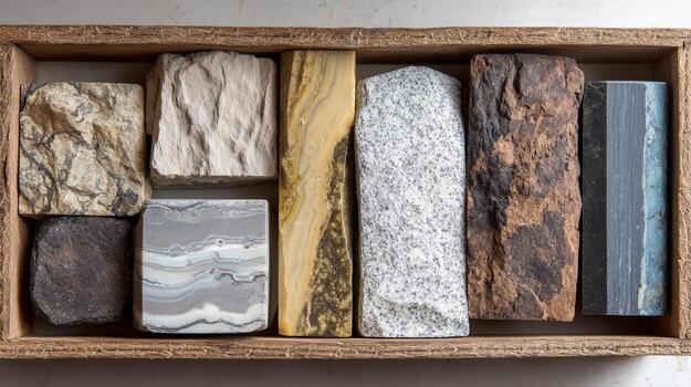 A wooden box holds diverse stone samples, each showcasing unique textures and colors under natural light conditions photo