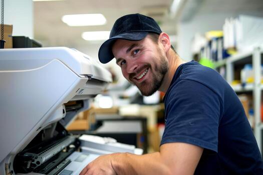 A technician is focused on fixing a copy machine in an office, working diligently to restore it to proper working condition photo