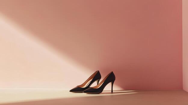 Black high heels stand alone in a stylish setting, their sharp design complemented by a soft pink background, emphasizing contemporary elegance photo