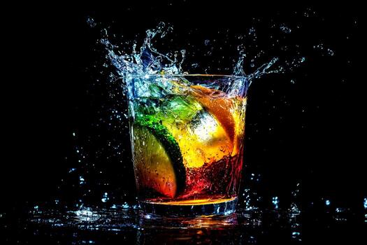 A refreshing cocktail erupts in a glass filled with colorful fruits, creating dynamic splashes in a dark setting photo