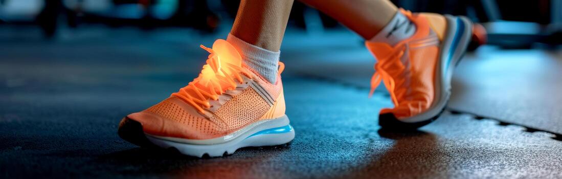 A person is engaged in an energetic workout session at a well-equipped gym, showcasing illuminated running shoes against a dark background photo