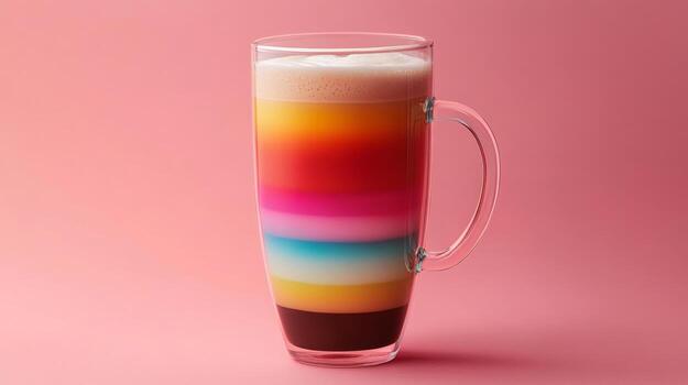 A tall transparent latte cup displays layers of colorful liquid, creating a visually stunning drink against a soft pink background photo