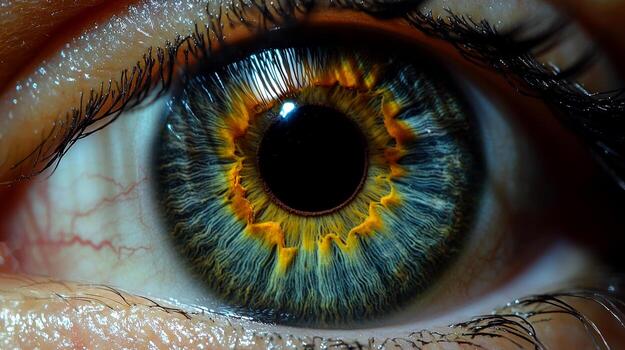 A stunning macro shot showcases the intricate patterns and colors of a human iris, featuring a vivid rainbow effect and deep pupil photo