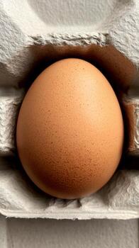 A single brown egg sits alone in an empty carton, highlighting its oval shape and earthy tones against a clean background photo
