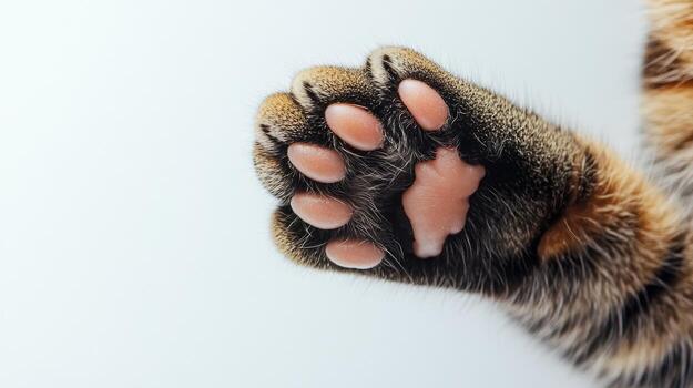 A detailed view of a kitty's paw reveals soft pink pads and sharp claws against a white background, highlighting its delicate features photo