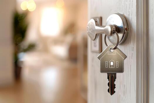 A key hangs from a door lock, suggesting the moment of entering a new home. Warm, soft lighting creates a welcoming atmosphere in the background photo