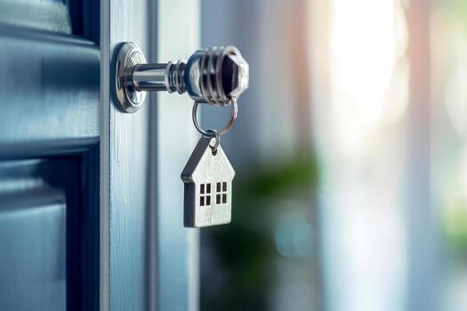 A key hangs from a door lock, featuring a charming house-shaped keychain. Soft morning light streams in, creating a warm and inviting atmosphere photo