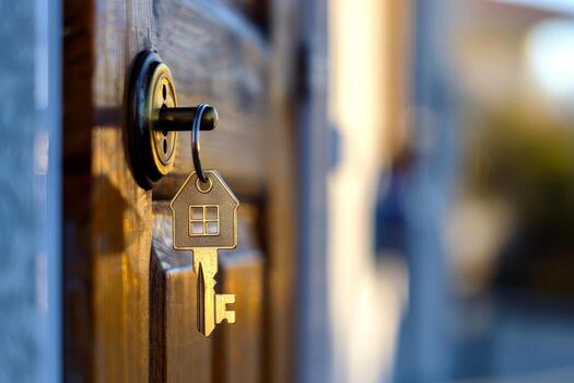 A shiny gold key with a house shape hangs from the lock of a wooden door, capturing the moment of entering a new home during the golden hour photo