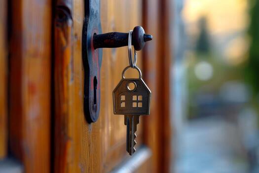 A key shaped like a house dangles from a wooden door lock, indicating a welcoming home as the warm light of sunset casts a soft glow in the background photo