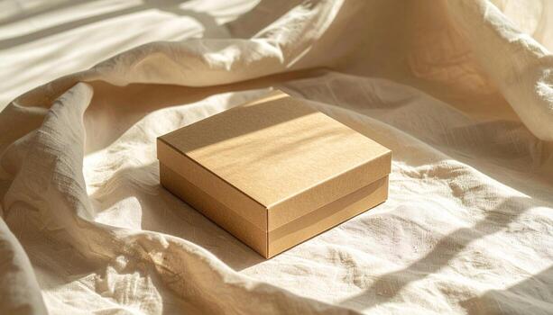 Minimalist Kraft Box on Textured Fabric with Sunlight and Shadows photo