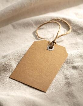 Blank brown paper tag with string on white fabric background., photo