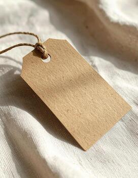 Blank brown paper tag with string on white fabric background.,. photo