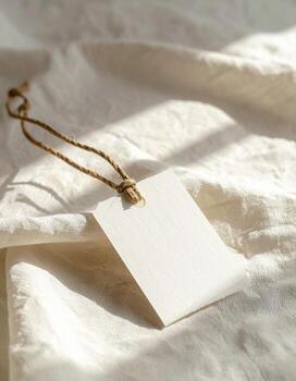 Blank tag on, white fabric with sunlight and shadows. photo