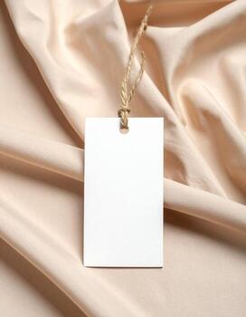 Blank White Tag on Soft Beige Fabric Background., photo