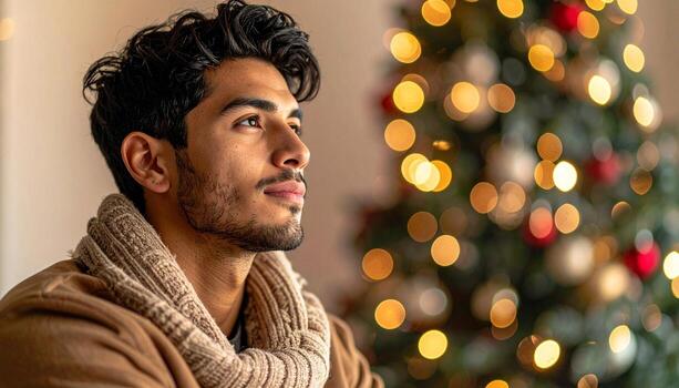 Contemplative Man by Christmas Tree A Moment of Holiday Reflection. photo