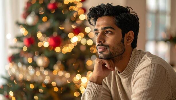 Contemplative Man by Christmas Tree A Moment of Reflection. photo