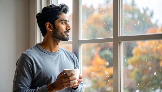 Contemplative man with coffee gazing out window on autumn day. photo