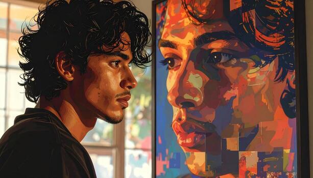 Contemplative man mirroring his portrait art and identity exploration. photo