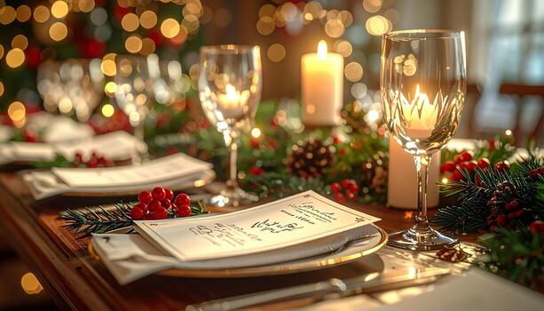 Elegant ,Christmas Dinner Table Setting with Candles and Decorations. photo
