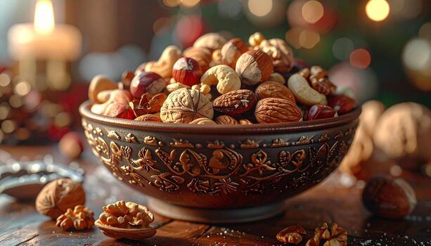 Festive Bowl of Mixed Nuts with Candlelight and Bokeh Background. photo
