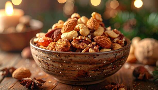 Festive Bowl of Mixed Nuts for Holiday Snacking. photo