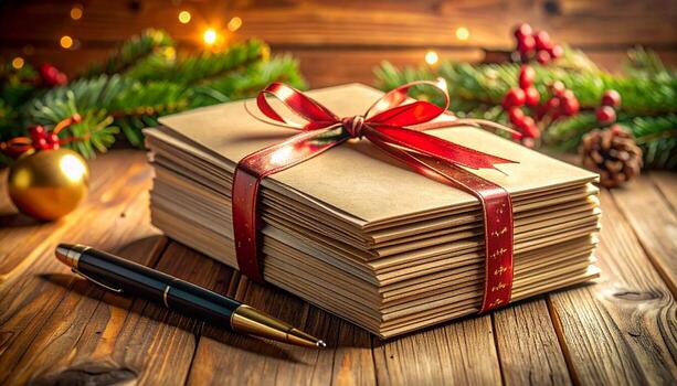 Festive Christmas Mail Stack with Red Ribbon and Decorations. photo