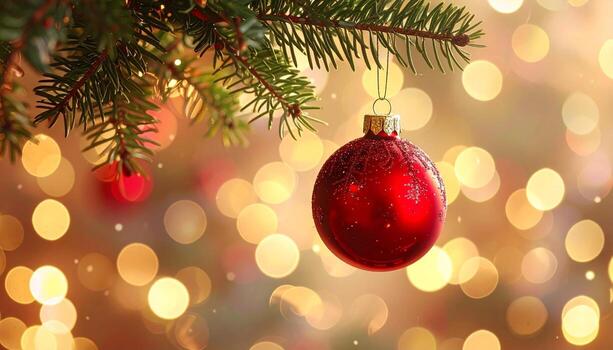 Festive Christmas Ornament Hanging on Tree Branch with Bokeh Lights. photo