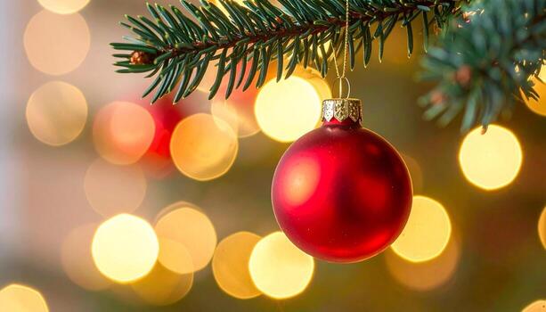 Festive Red Ornament Hanging on Christmas Tree Branch with Bokeh Lights. photo