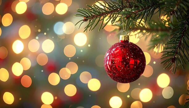 Festive Red Ornament on Christmas Tree with Bokeh Lights. photo