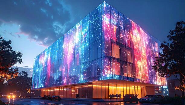 Futuristic Building with Vibrant Light Display at Night. photo